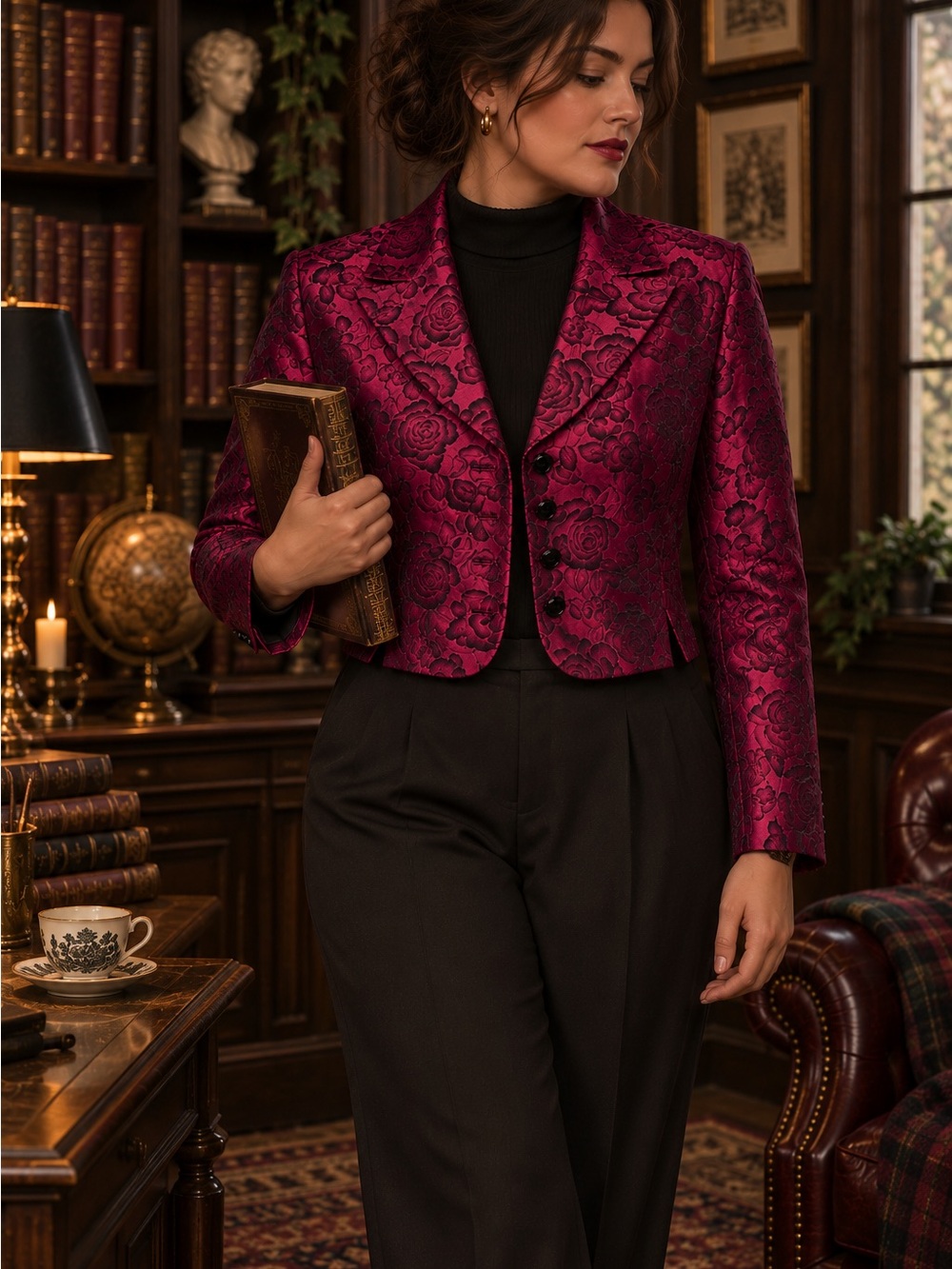 Dark Academia Rose Jacquard Blazer Magenta Black Le Suit Women’s Size 12